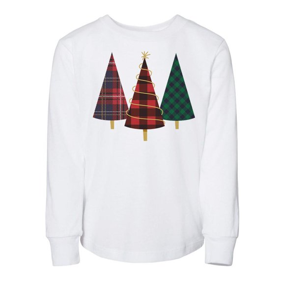 TeesAndTankYou Plaid Print Christmas Trees Toddler Kids Long Sleeve T-Shirt 2T White