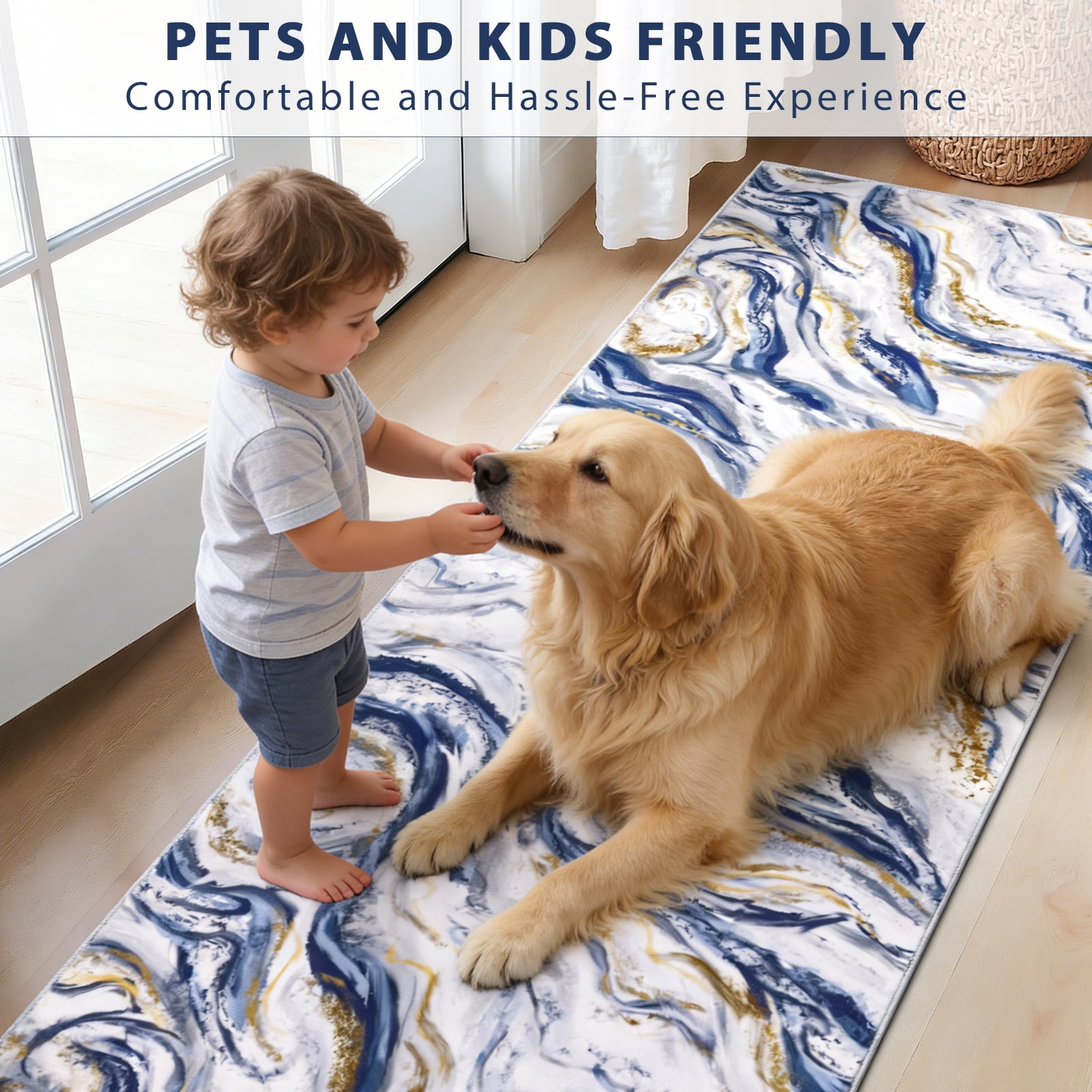 Runner Rugs for Hallway, Yamaziot 2'x8' Abstract Runner Rug, Washable Non Slip Blue Modern Bedroom Carpet Accent Rug Kitchen Runner Laundry Room Mat