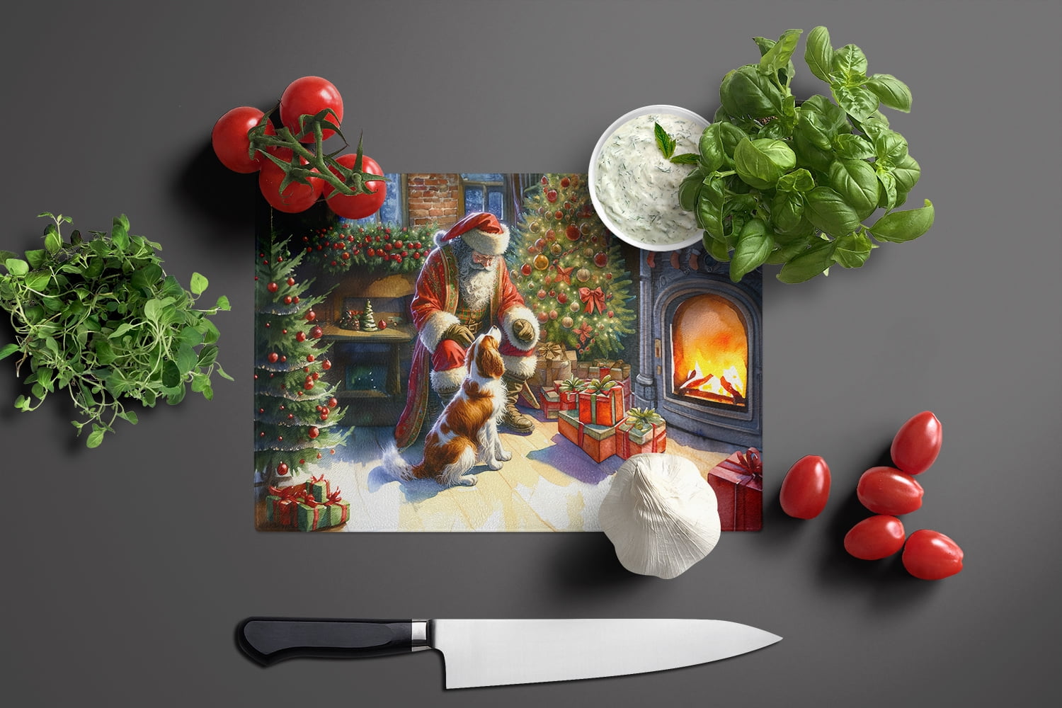 Brittany and Santa Claus Glass Cutting Board 12 in x 15 in