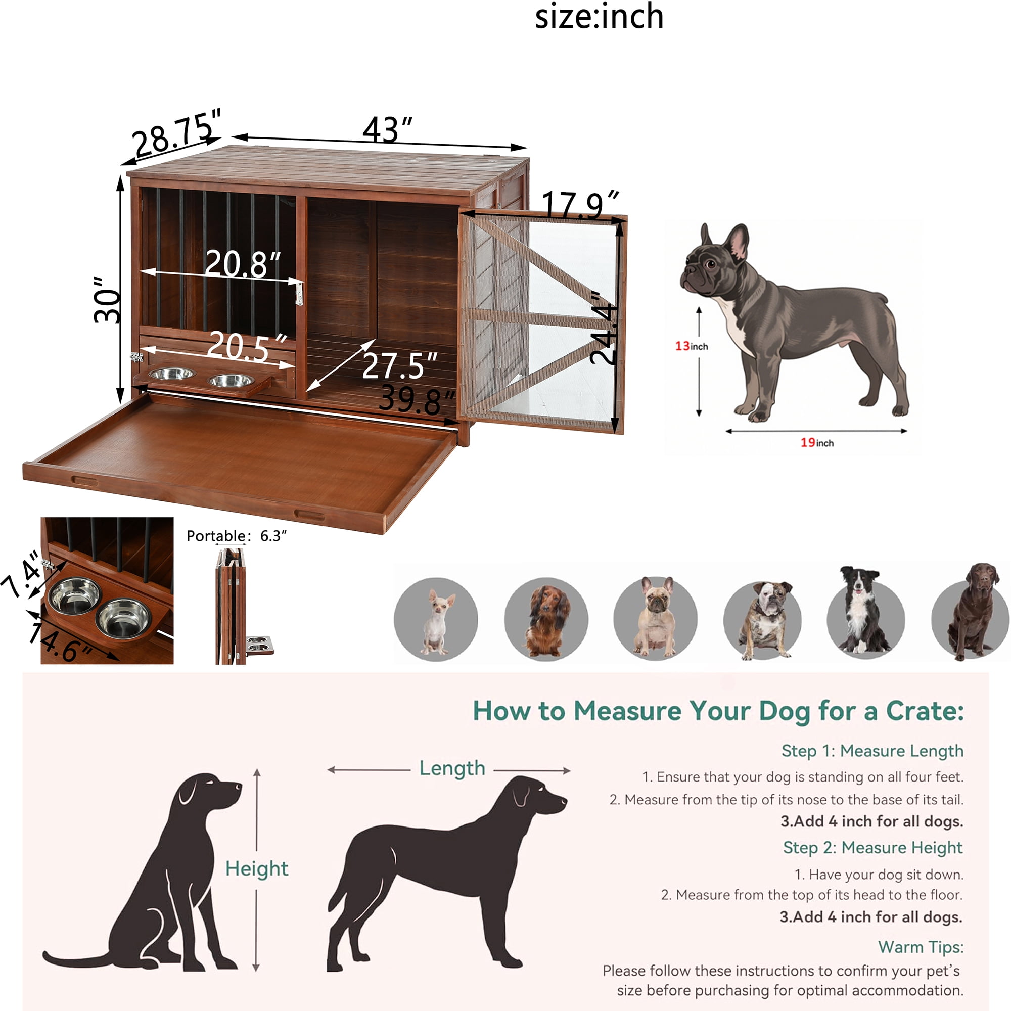 Euroco 43" Solid Wood Dog Crate Furniture, Foldable Indoor Kennel with 360° Rotating Feeder Multi-Functional End Table for Small & Medium Dogs, Portable Pet Cage with Removable Tray & Easy Assembly