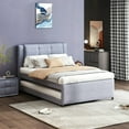 thumbnail image 4 of Full Size Gray Upholstered Platform Bed with Trundle - Linen, Solid Wood Frame, Bedroom Furniture. Trundle can be flat or erected. No Box Spring Needed., 4 of 19