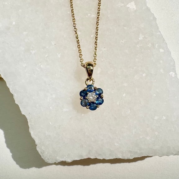 Bluebelljewels Round Cut Blue Sapphire & Diamond 14K Yellow Gold Finish Silver Flower Pendant