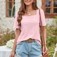 thumbnail image 2 of Rawiri Women Hollow Out Top Vintage Pattern Short Sleeve Pure Color Breathable Casual Pullover Pink M, 2 of 7