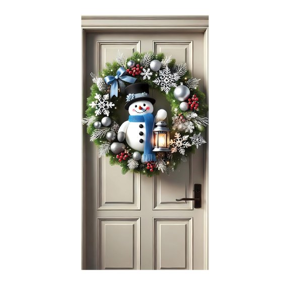 Snowman Christmas Door Cover Wreath,70.8in x 35.4in,Artificial Wreath with Snowflakes,Berries,Lantern,& Bow,Front Door Decor,Holiday Decorations,Christmas Wreath Door Cover for Door