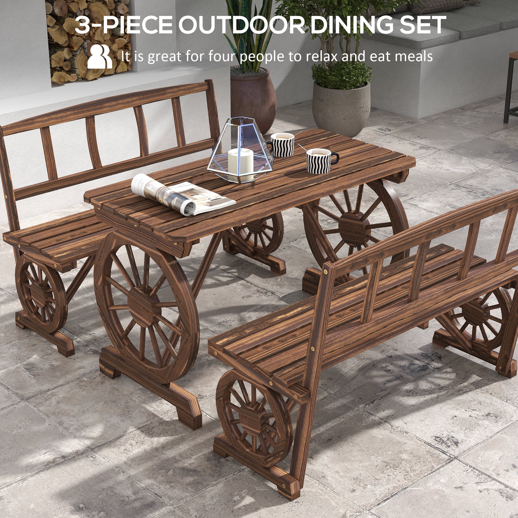Outsunny Outdoor Table and Chairs for 4 People, Wooden Furniture Set w/ Wagon Wheel Design for Backyard Garden, Deck, Carbonized