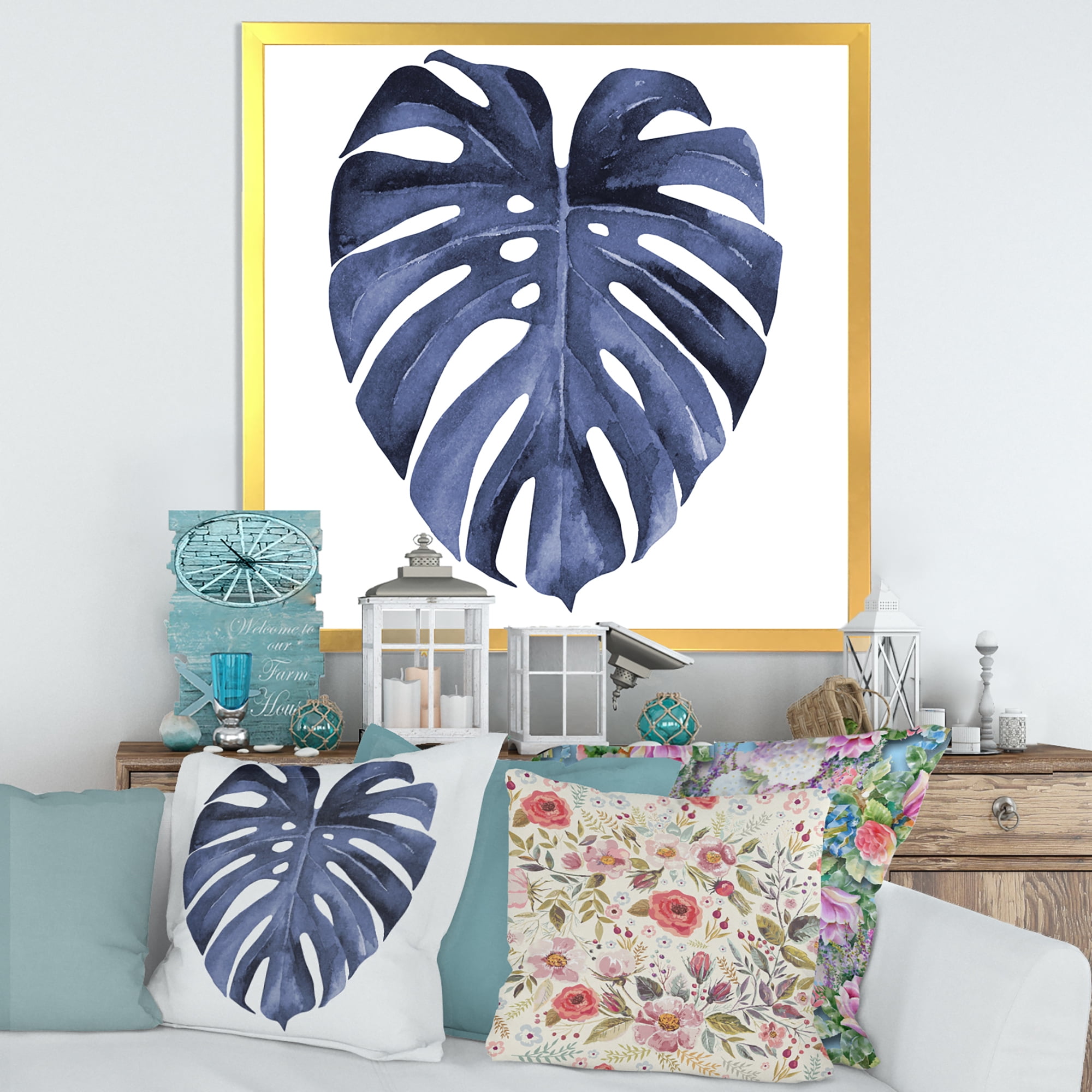 Designart 'Blue Watercolour Tropical Leaves III' Traditional Framed Art Print