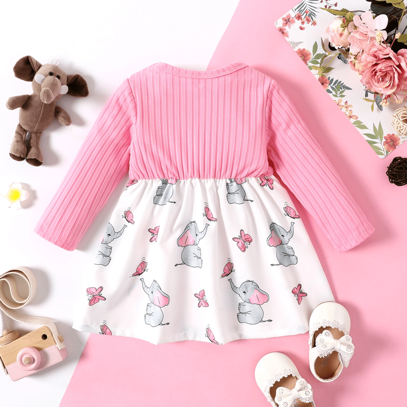 PatPat Baby Girl Pink Ribbed Bowknot Long-sleeve Splicing Cartoon Elephant Print Dress