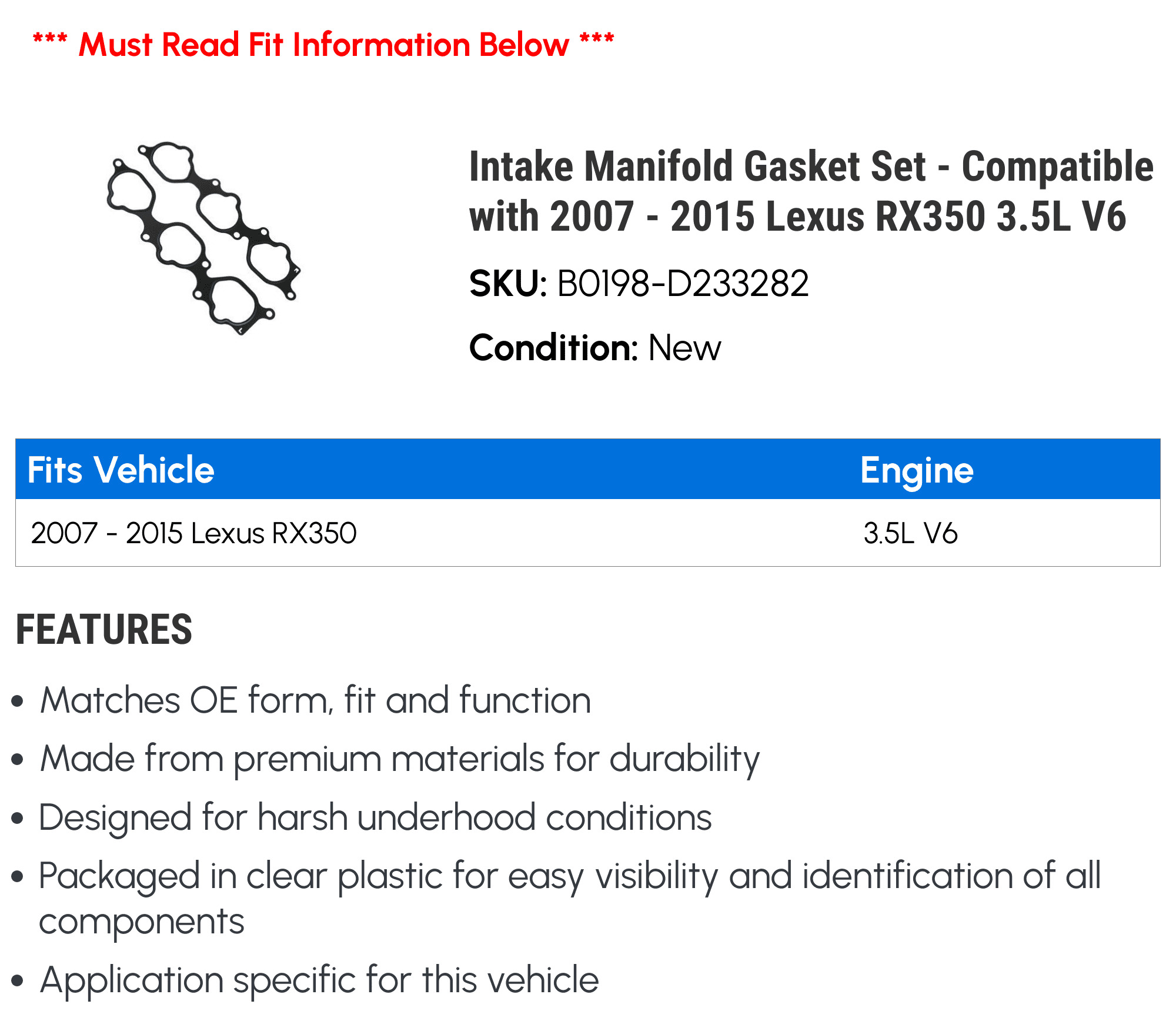 Intake Manifold Gasket Set - Compatible with 2007 - 2015 Lexus RX350 3.5L V6 - Beck Arnley