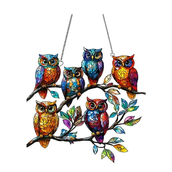 Cadorn Colorful Owls on Branch Acrylic Suncatcher - Bird Flower Series Window Decoration with Chain Pendant - Perfect Gift Pendant