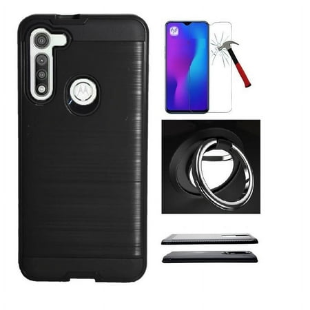 For Moto G Fast Case with Tempered Glass Screen Protector, Shock Resistant Slim brushed Texture Protective Cover with Ring / Kickstand for Motorola Moto G Fast (Black)