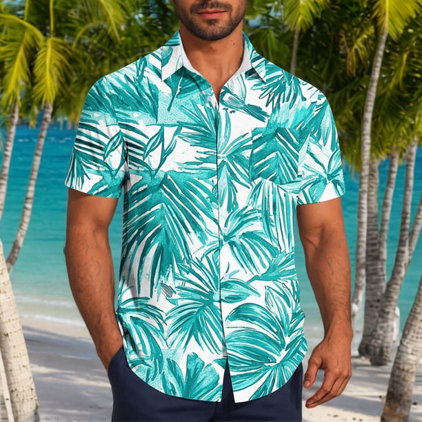 Blusa y camisa de manga corta con cuello vuelto para hombre, informal, a la moda, con estampado de bolsillo y botones, de poliéster.