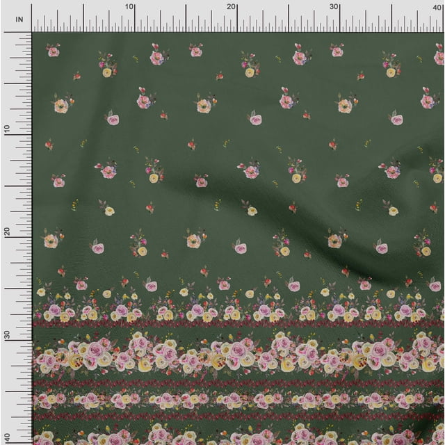 Soimoi Green Poly Georgette Fabric Floral Panel Print Sewing Fabric BTY 52 Inch Wide