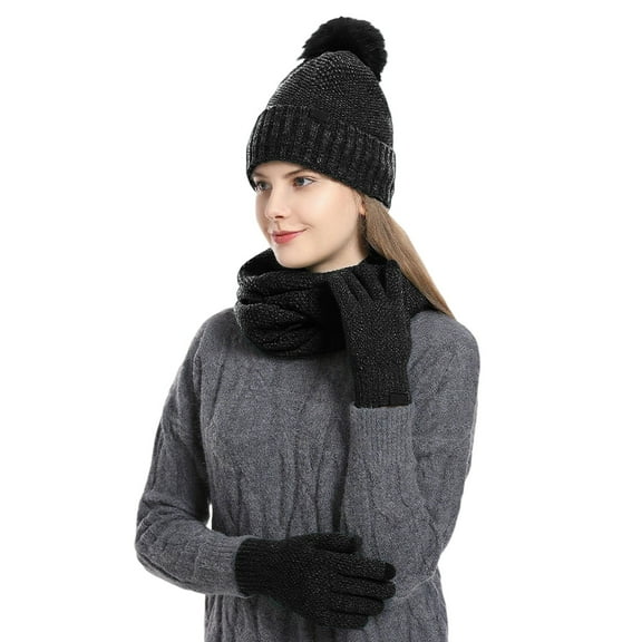Women Plush Pom Pom Beanie Scarf Gloves Set - Double Layer Knit Hat Neck Warmer Mittens, Fashion Warm Stocking Stuffers, Christmas Gifts For Girls Christmas Gifts for