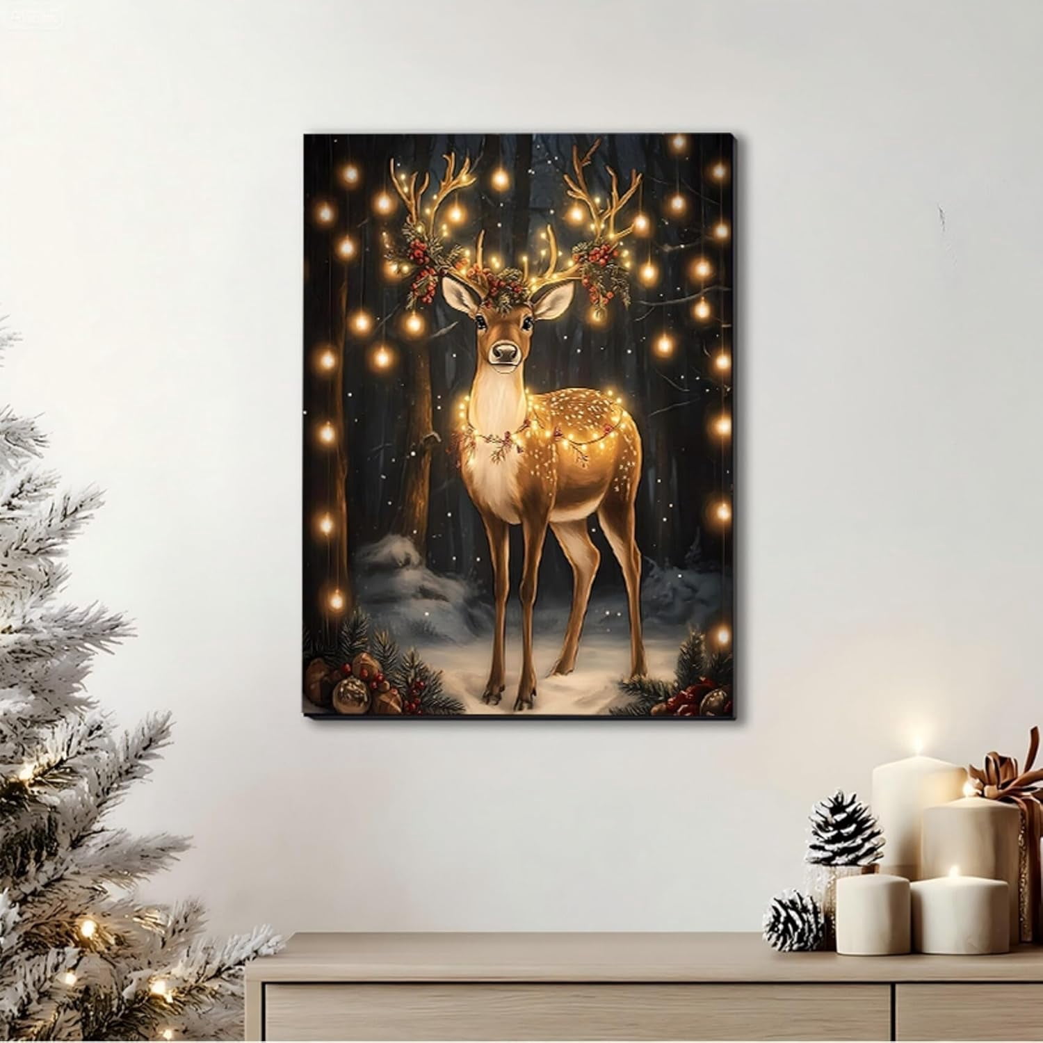 Christmas Reindeer Wall Art Framed, Cottage Winter Forest Wildlife Deer Picture Wall Decor, Rustic Xmas Cozy Winter Hanging Canvas Prints for Home Bedroom Living Room Decoration