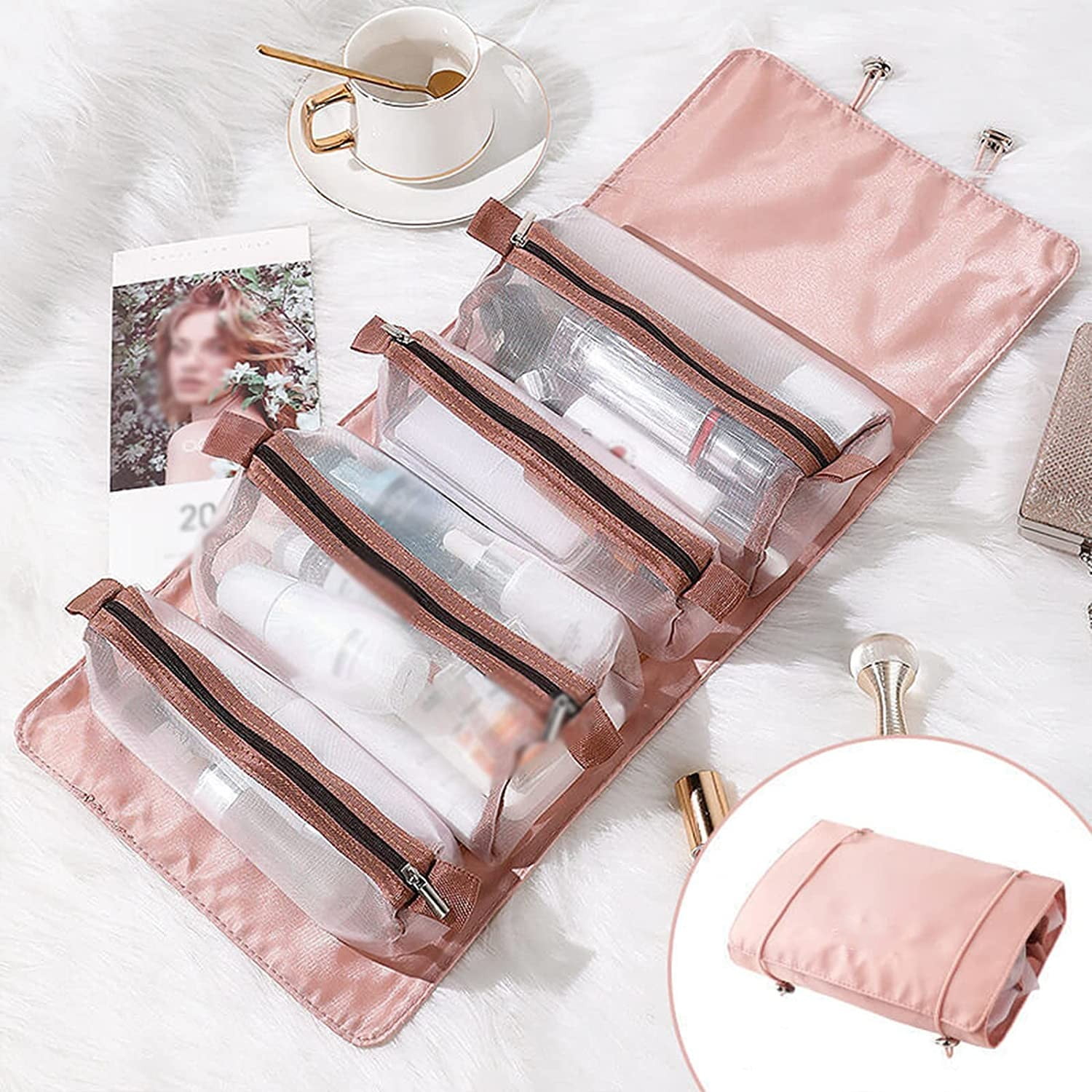 4kits Hanging Roll-Up Makeup Bag/Toiletry Kit/Travel Organizer for Women -  4 Removable Storage Bags …See more 4kits Hanging Roll-Up Makeup