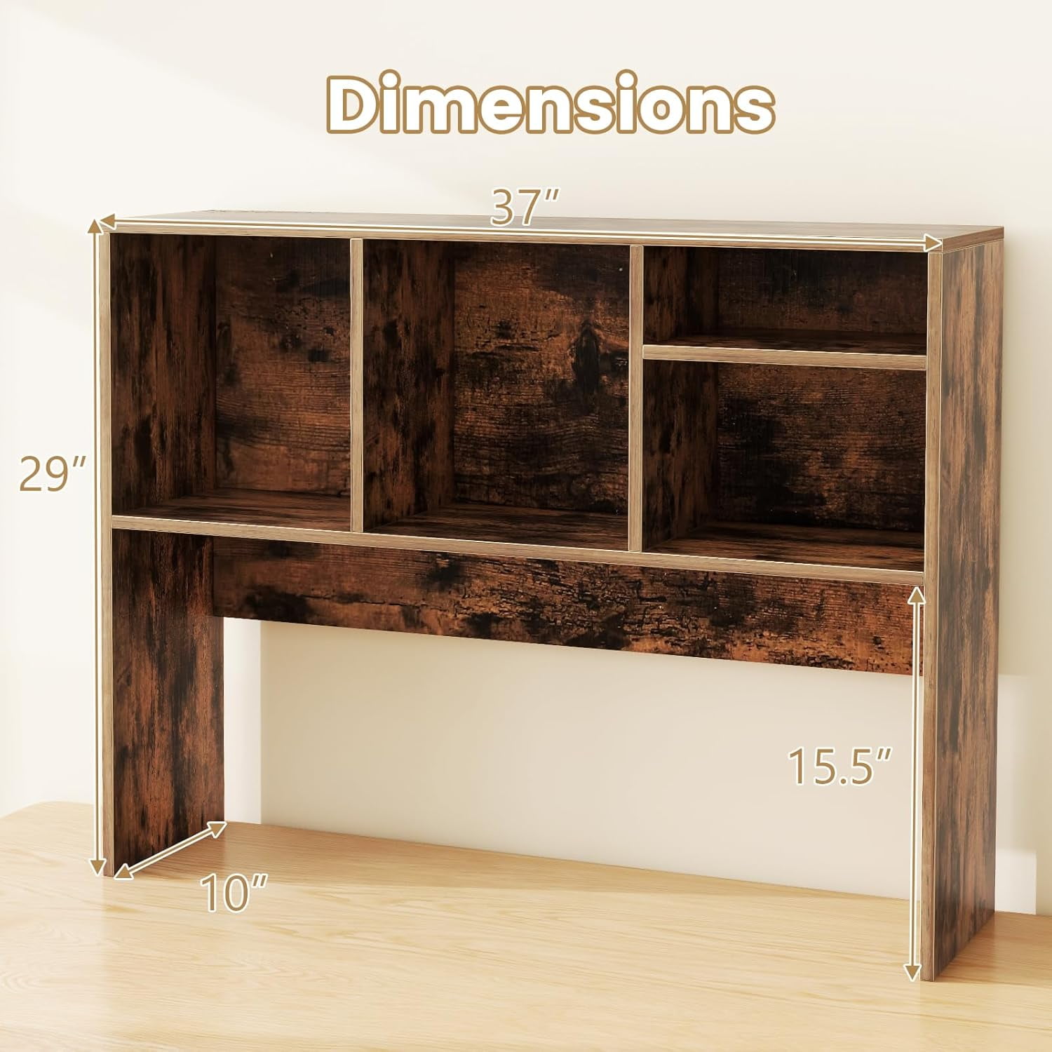 CRXX Desktop Bookshelf, Countertop Storage Hutch with 4 Shelves for Computer Desk, Dressing Tabletop Display Rack, Multipurpose Desk Hutch Storage Organizer for Home Office Dorm (Rustic Brown)