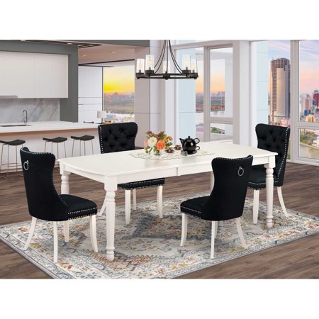 HomeStock 5 Piece Dining Set Includes A Rectangle Wooden Table With Tribal Treasures Leaf And 4 Upholstered Chairs Linen White