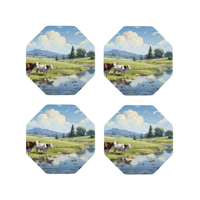 Vsdgher Pasture Cow Print Leather Coasters for Drinks, Durable Drink Coasters 4 Set for Tabletop Protection, Luxurious Home Décor and Housewarming Gift-Octagon