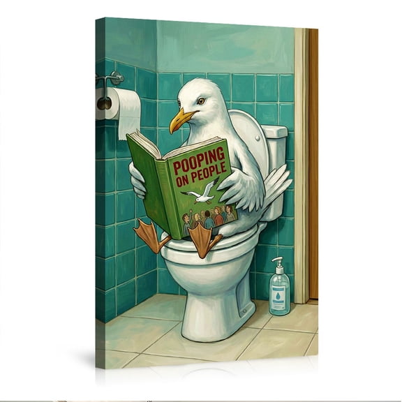 "Pooping on People" Seagull Canvas Wall Art, Funny Bathroom Humor Poster, Whimsical Toilet Decor for Guest Bath, Powder Room & Modern Home