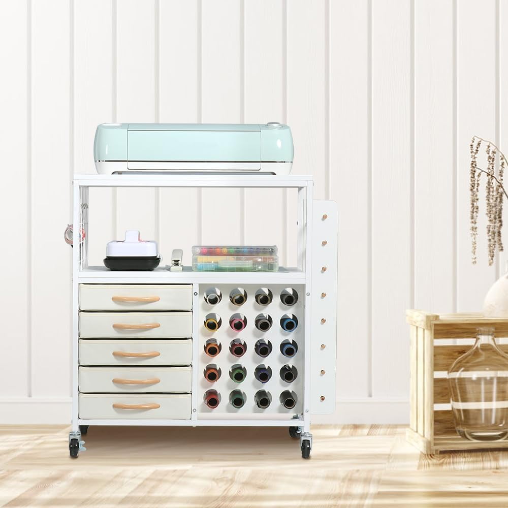 LUCKUP Organization and Storage Craft Table for Cricut Machines, Rolling Cart Cabinet with 28 Vinyl Roll Holders and 5 Drawers