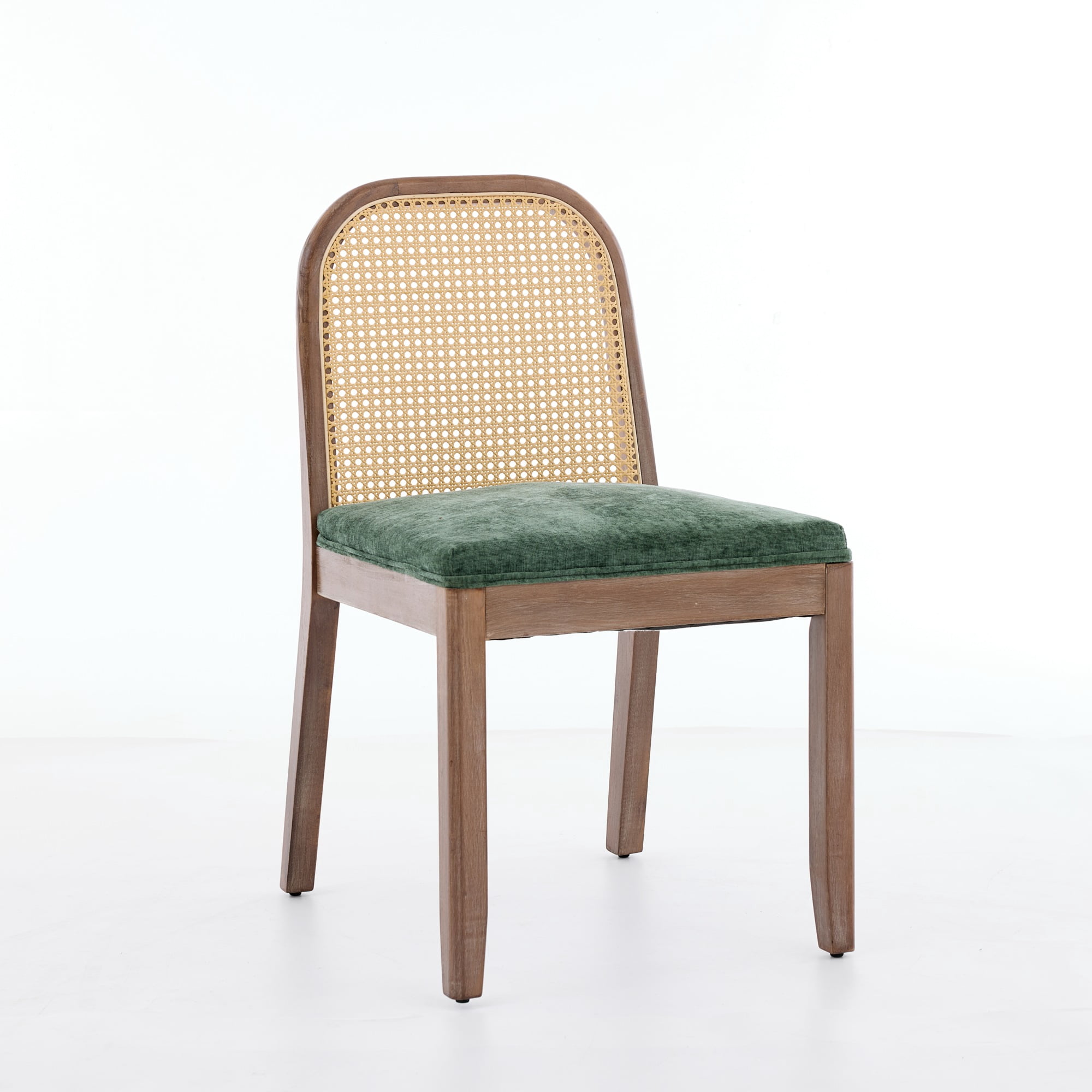 Set of 2 Curved Arched Cane Back Dining Chairs with Chenille Cushion, Mid-Century Farmhouse Side Chairs with Solid Wood Frame, Olive Green