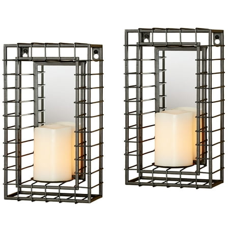 Wire Grid Mirrored Gray Metal Wall Sconces - Set of Two - Elegant Sconce Pair for Bedroom, Living Room, Foyer, Hallways Pair