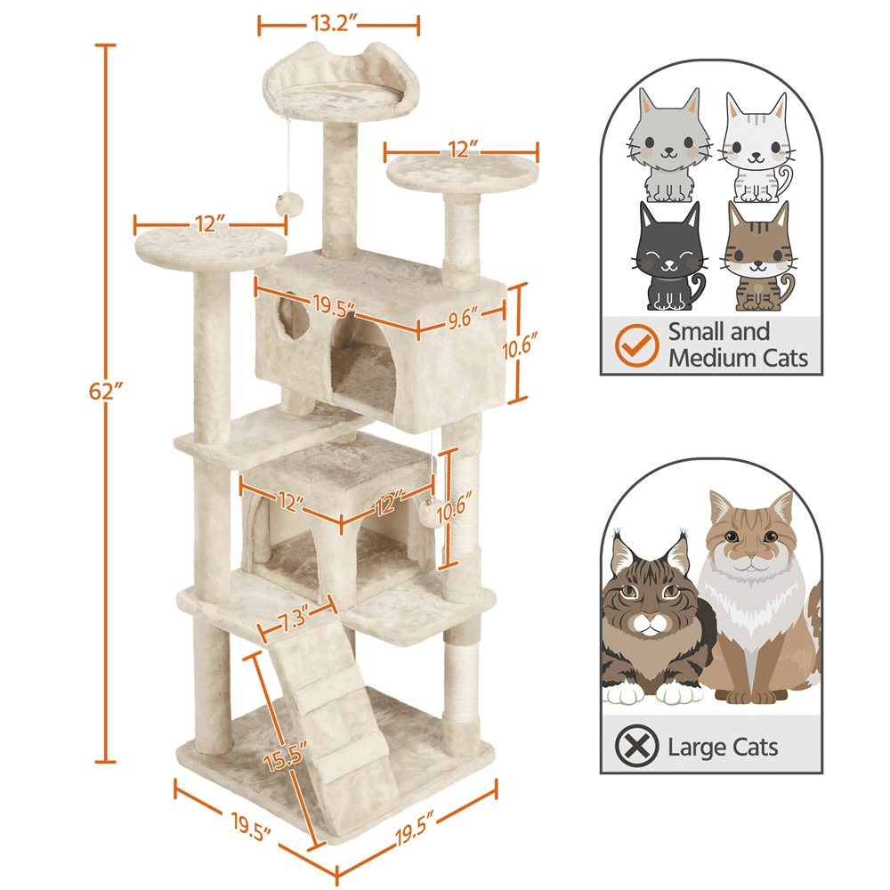 Alden Design 62''H Double Condo Cat Tree with Scratching Post Tower, Beige