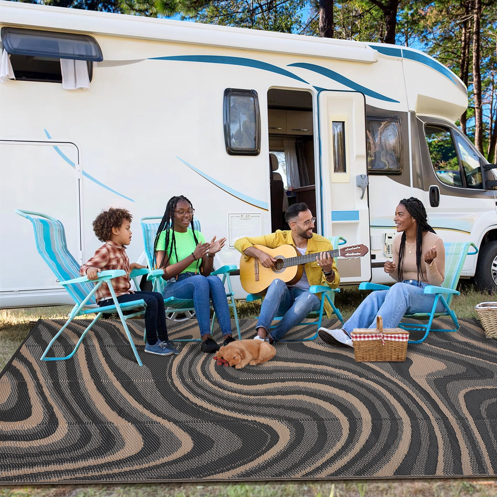 Garvee Outdoor Rug 10'x14' Abstract Plastic Area Rug Waterproof Reversible Outdoor Carpet, Plastic Straw Rug for Patio RV Camping Balcony Deck Backyard, Black