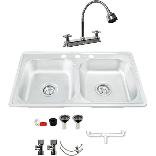 Tarja Doble CNX para Empotrar en Acero Inoxidable incluye Mezcladora y Kit de instalación TD8448 + KIT-002 + MZF826F