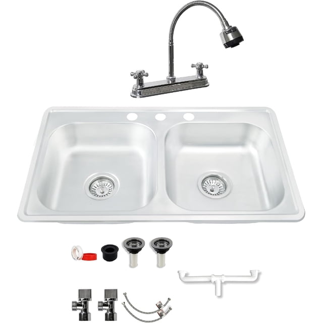 Tarja Doble CNX para Empotrar en Acero Inoxidable incluye Mezcladora y Kit de instalación TD8448 + KIT-002 + MZF826F