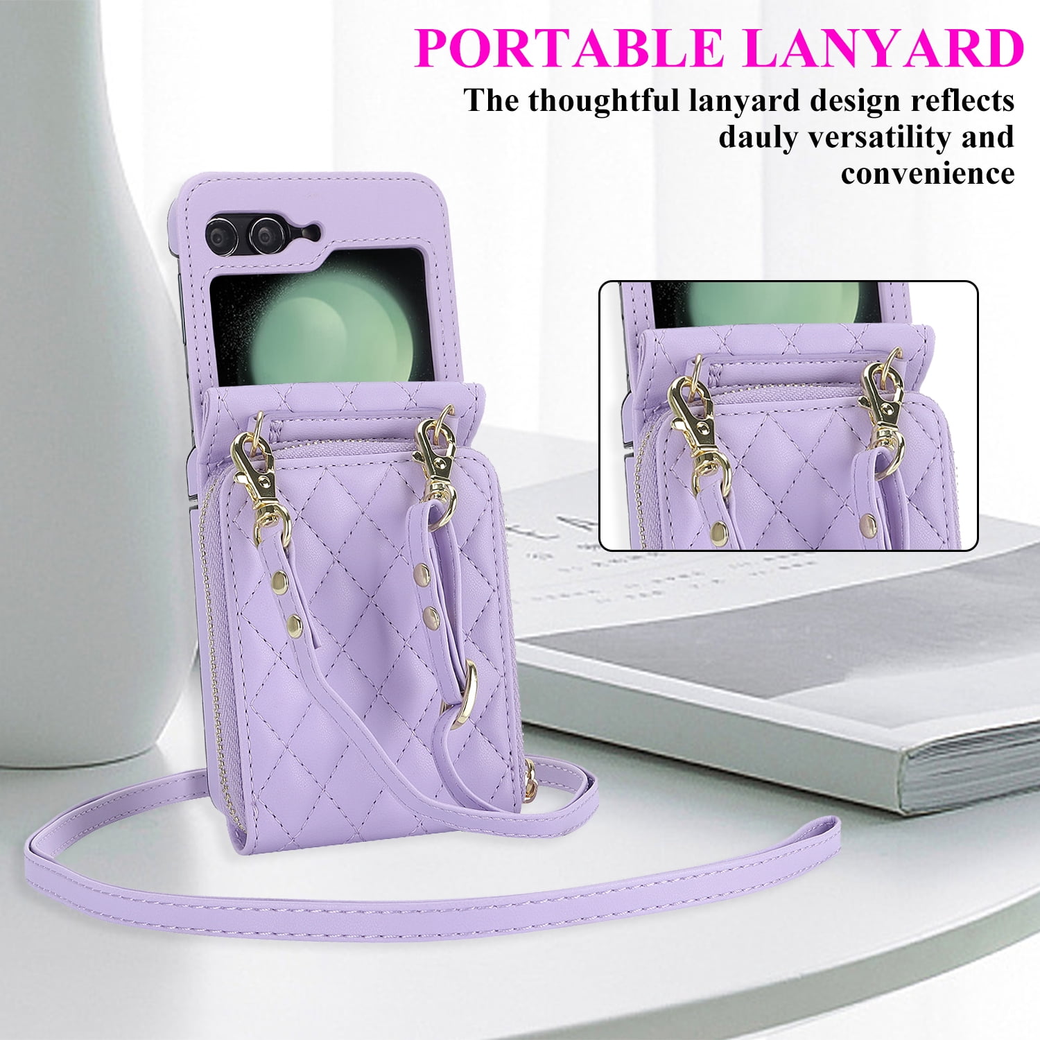 Allytechgroup Galaxy Z Flip 7 Wallet Case with Hand Wrist Shoulder Strap, Premium PU Leather Cards Slots Zipper Pocket Shockproof Protective Phone Case Cover for Samsung Galaxy Z Flip7, Purple