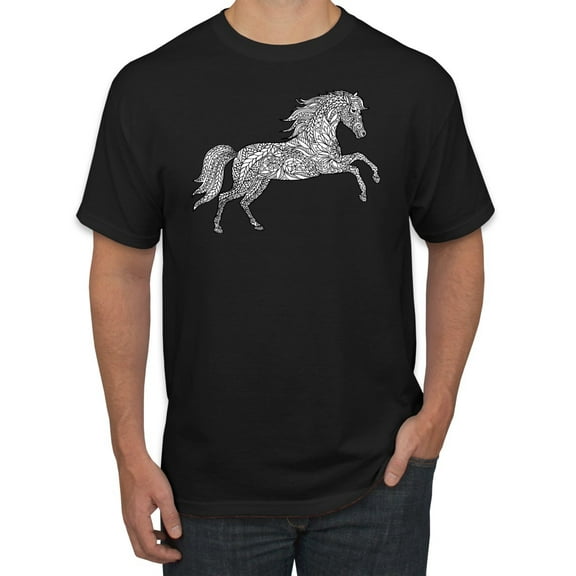Black and White Mosaic Retro Mandala Wild Horse Animal Lover Graphic T-Shirt, Black, Small