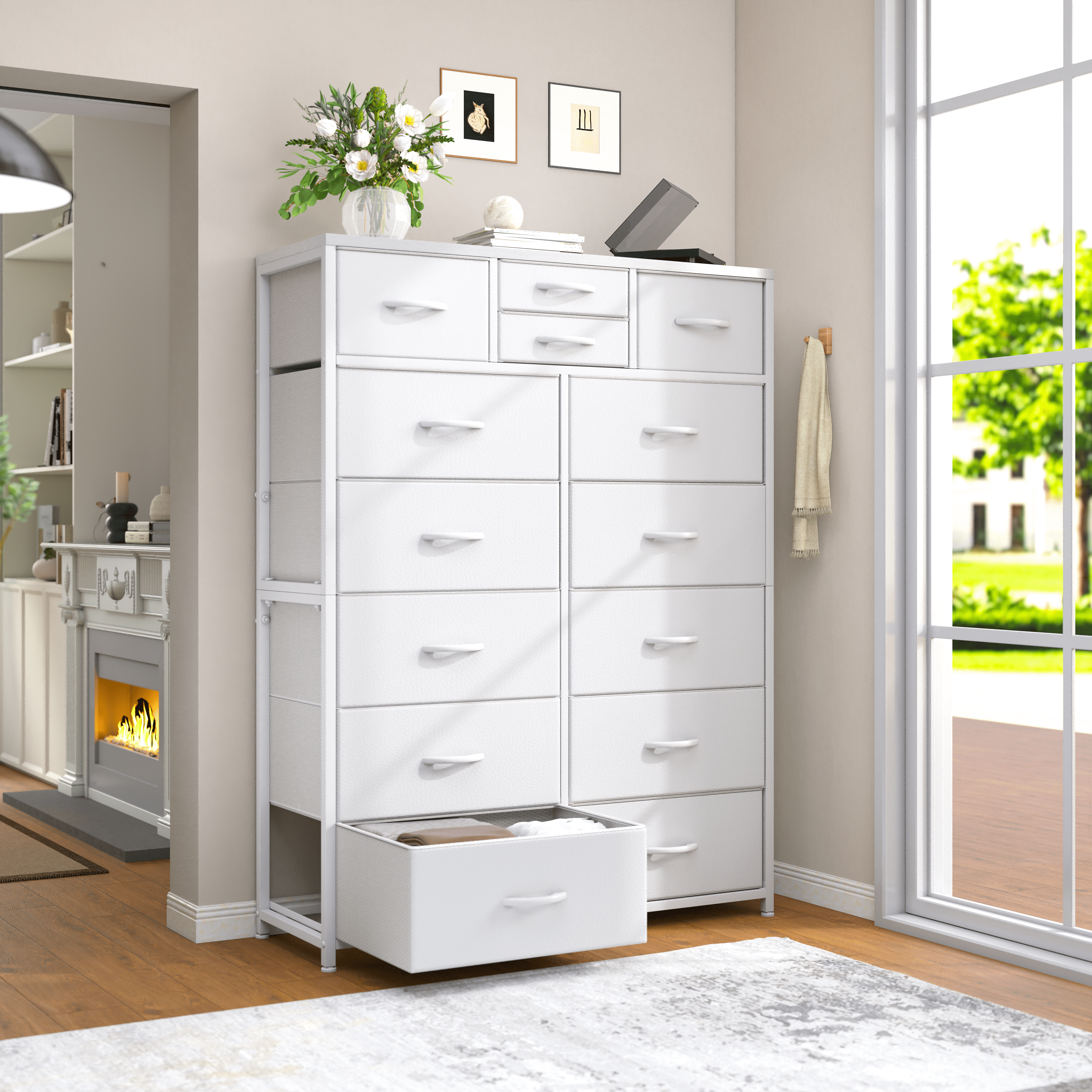 Tall Dresser for Bedroom with Fabric Drawers Dressers & Chests of Drawers for Closet, Sturdy Metal Frame, Wood Top, White