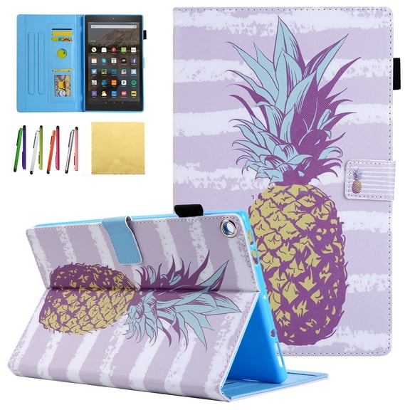 Allytech Case for All-New Amazon Fire HD 10.1 Tablet (7th Generation, 2017 Release) - Folio Stand Cover Case with Card Slots & Auto Wake / Sleep Function, Golden Pineapple