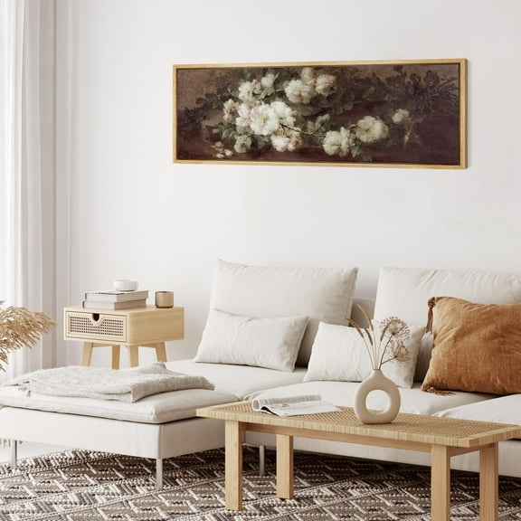 IDEA4WALL Extra Large Framed Canvas Print Wall Art Romantic White Roses Retro Wall Art Nature Wilderness Vintage Floral Wall Decor Oversized Artwork Relax/Calm for Living Room - 60"x20"