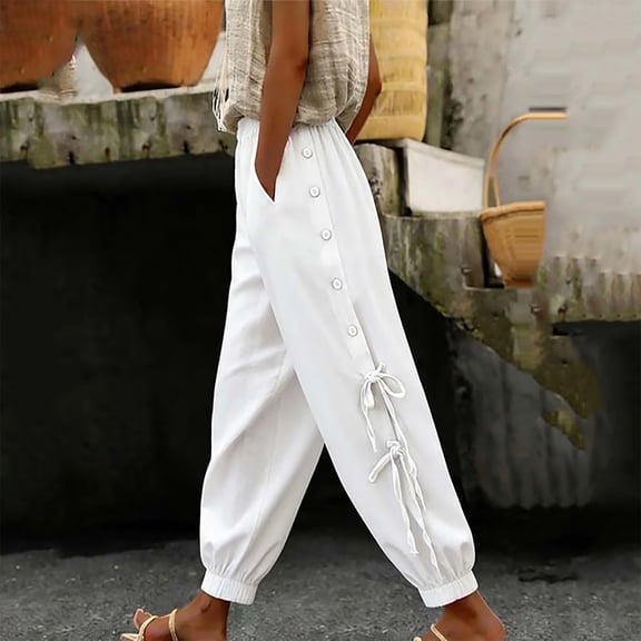 Favoffer Women Cotton Linen High Waist Pants Button Up Waist Drawstring Tie Tapered Ankle Straight Leg Casual Pants for Casual Daily