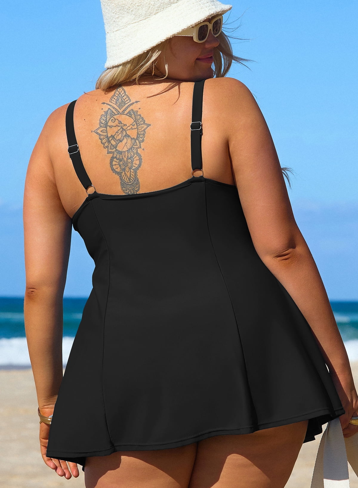 SHEWIN Woman Plus Bathing Suit One Piece Swim Dresses for Woman Tummy Control Swimm Suits with Pockets Black 3X