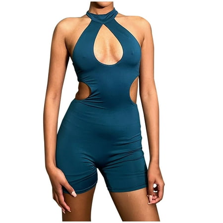 

Penkiiy Jumpsuits for Women Ladies Seamless Solid Color Shaper Abdominal Lifter Hip Shaper Underwear Stretch Slimming Body Corse Jumpsuits Bodysuit Halter Hollow Out Blue Jumpsuits