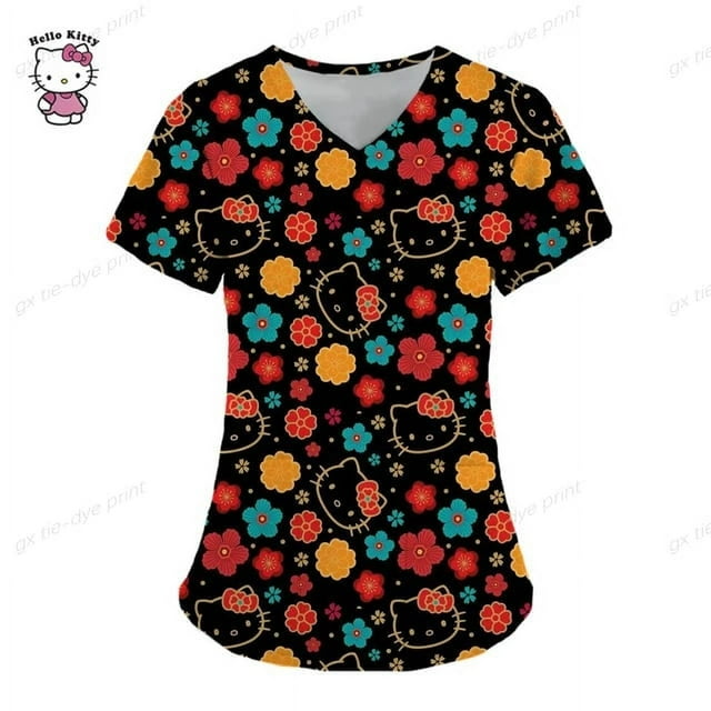 GUISHUAN Blouse de Travail pour Femmes Hello Kitty, Uniforme d'Infirmière, Manches Courtes, Col en V