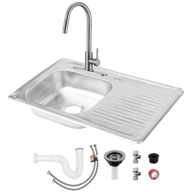 Fregadero para Cocina con Escurridero Derecho de Acero Inoxidable Satinado, Mezcladora Premium con Dos Tipos de Chorro y Cuello Extensible. Incluye Accesorios de Instalación