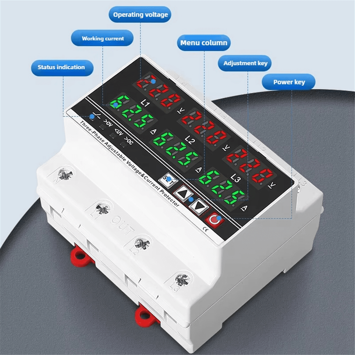3 Phase Adjustable over and Under Voltage Protector Voltmeter Ammeter Monitor 3P4W Din Rail Current Limit Protection 63A,1 * 3 Phase Over and Under Voltage Protector,White