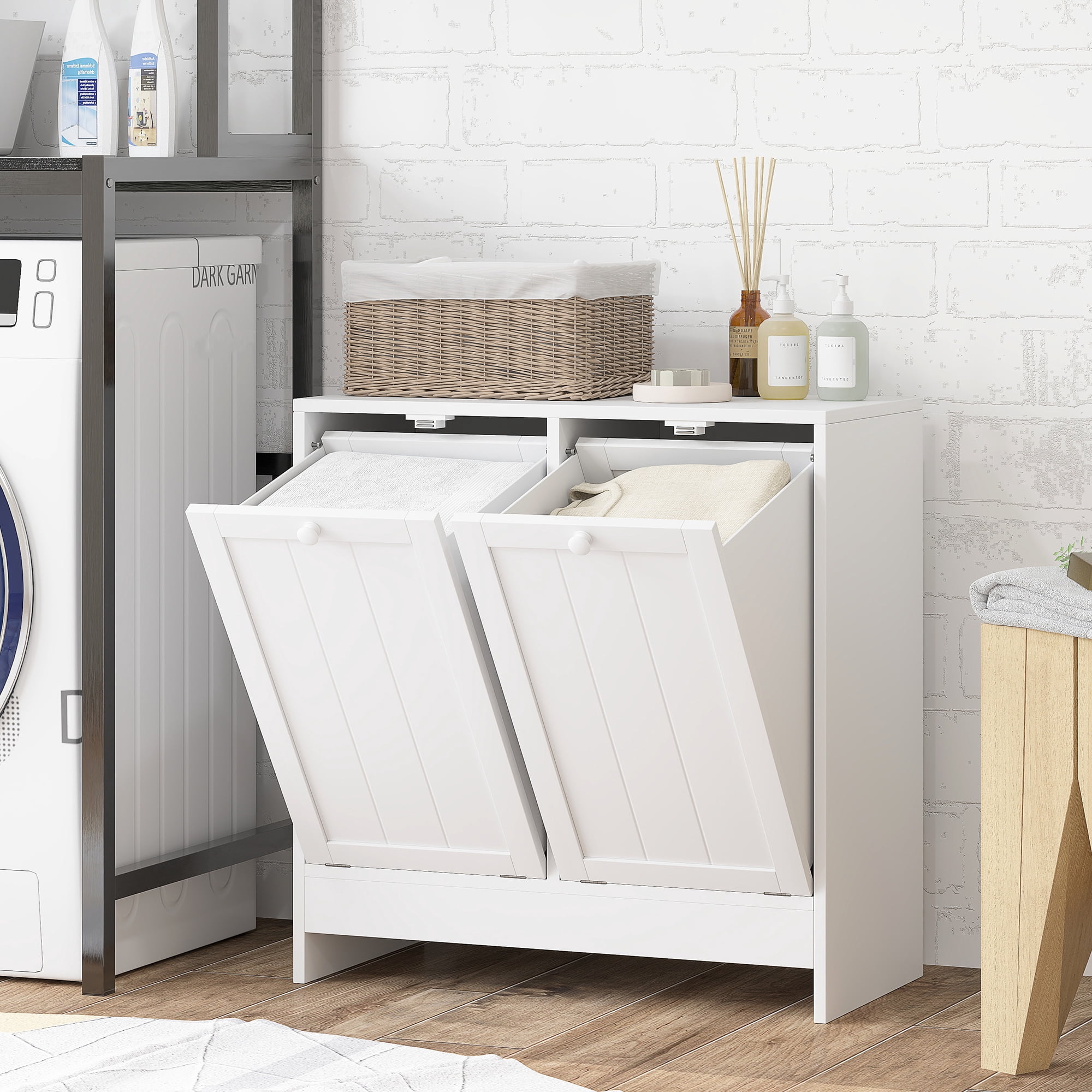 kleankin Tilt out Laundry Hamper, Hamper Cabinet, with 2 Compartments, Modern Laundry Cabinet for Bathroom, Washroom, White