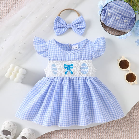 Easter Outfit for Baby Girl Short Sleeve Bunny Embroidered Bodysuit Girls Romper Dress and and Headband Set Summer Outfit Baby Girl 6-12 Months Outfits