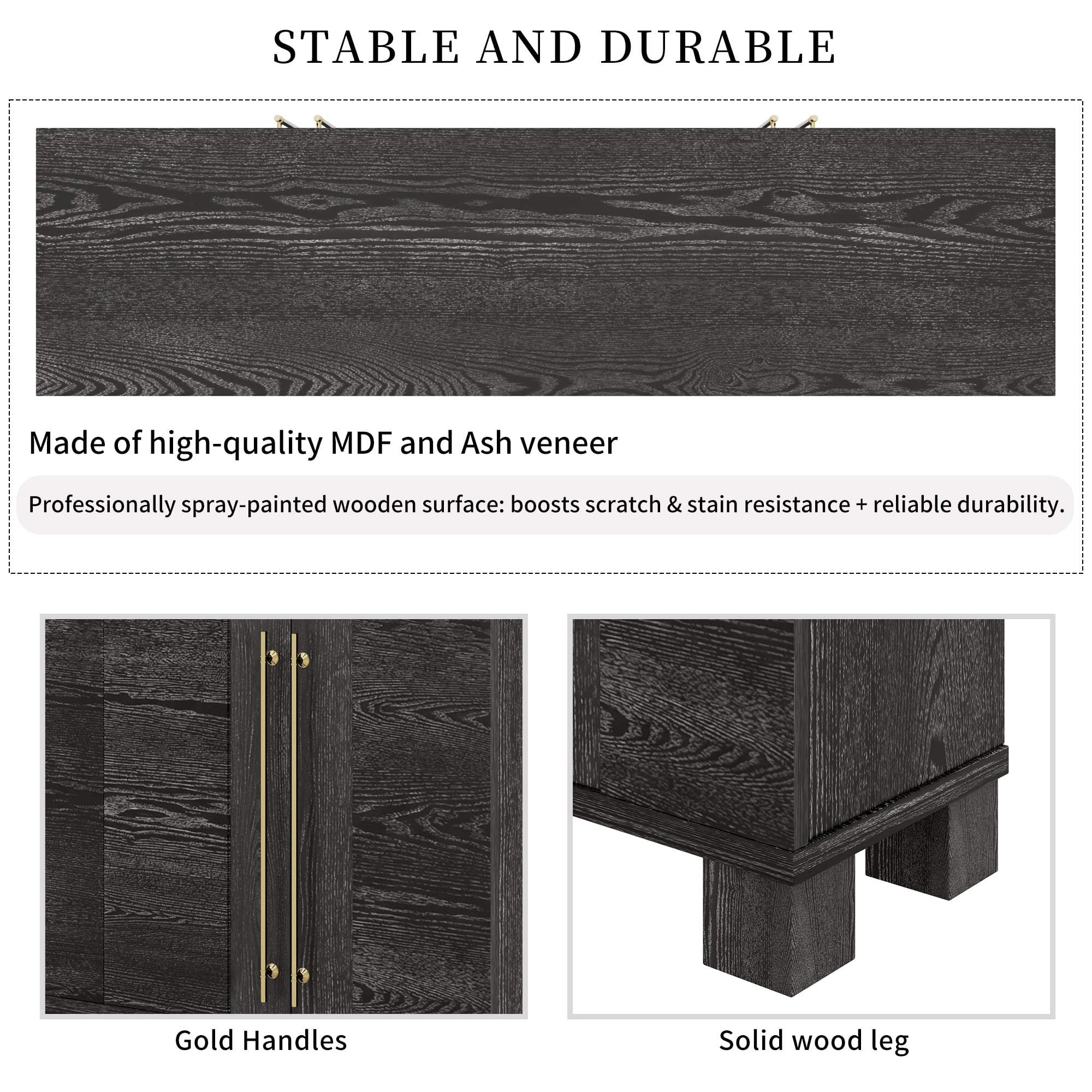Euroco 60" Sideboard Buffet Cabinet with Storage, Wooden Coffee Bar Cabinet with Gold Handles & Adjustable Shelves for Kitchen, Dining Room and Living Room,Black