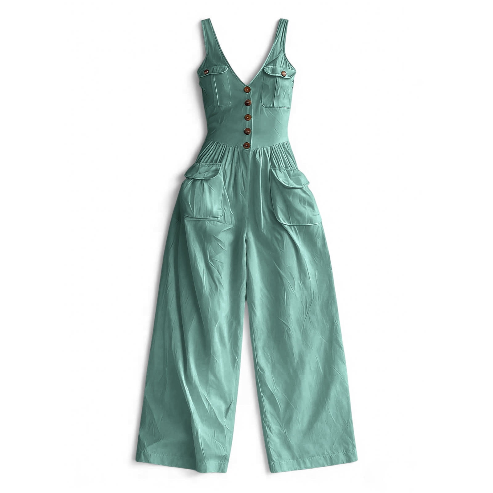 ZGRBOU Women's Jumpsuit V Neck Sleeveless Solid Button Down Wide-Leg Pant Vintage Western High Waist Going Out Romper