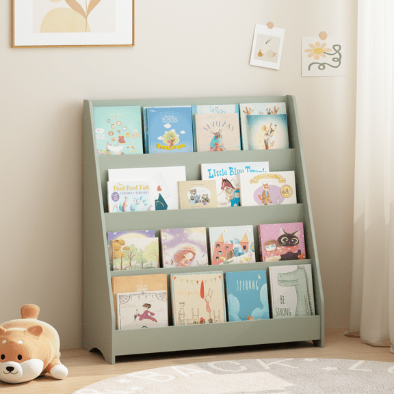 4-Tier Kids Bookshelf, Toddler Book Display Shelves, Helps Keep Bedrooms, Playrooms, and Classrooms Organized, MDF, Sage