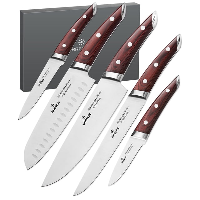 Brewin CHEFILOSOPHI - Juego de 5 cuchillos de chef japoneses con elegante mango rojo Pakkawood, diseño ergonómico, cuchillos de cocina