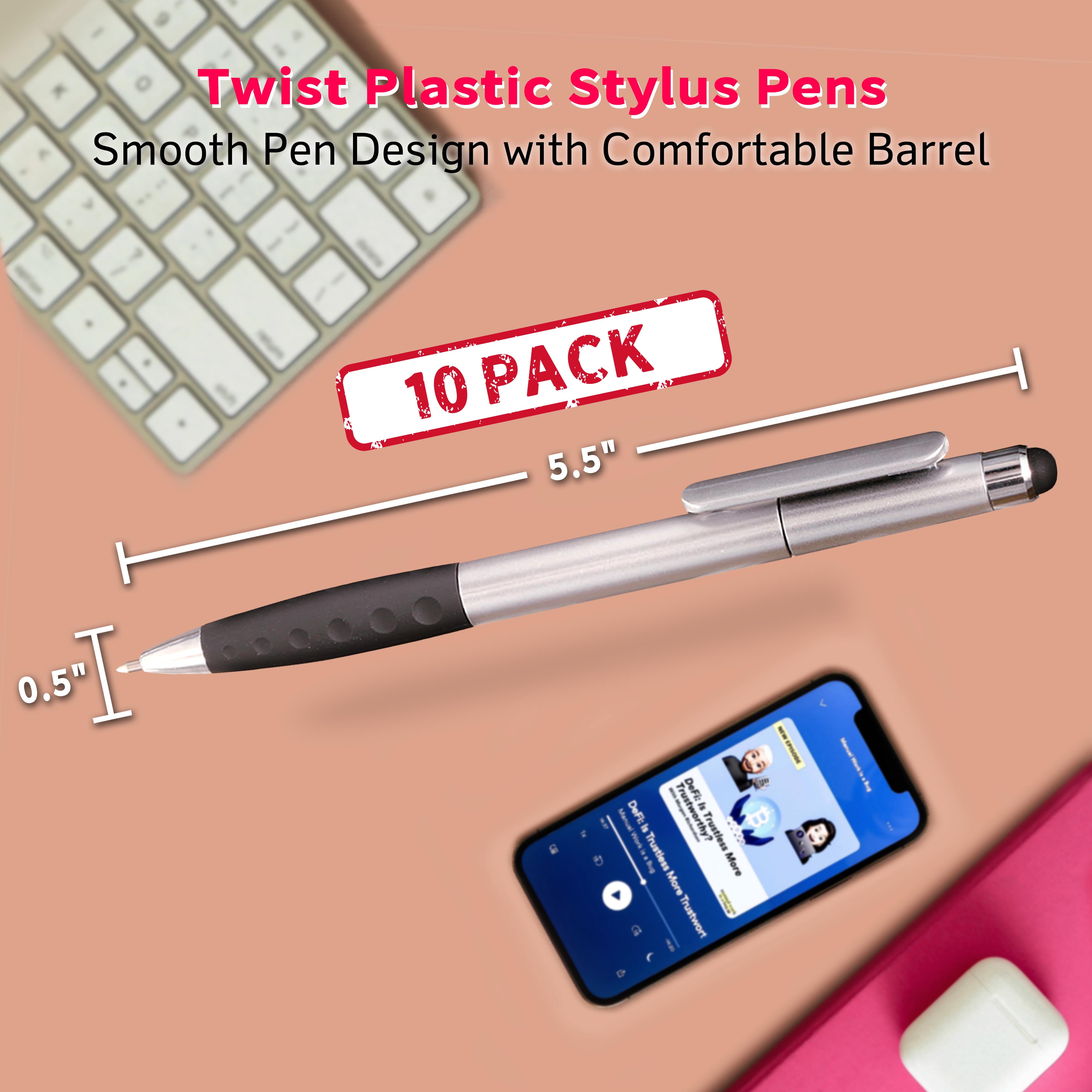 10 Twist Plastic Stylus Pens Pack - Ballpoint, Rubber Grip - Silver