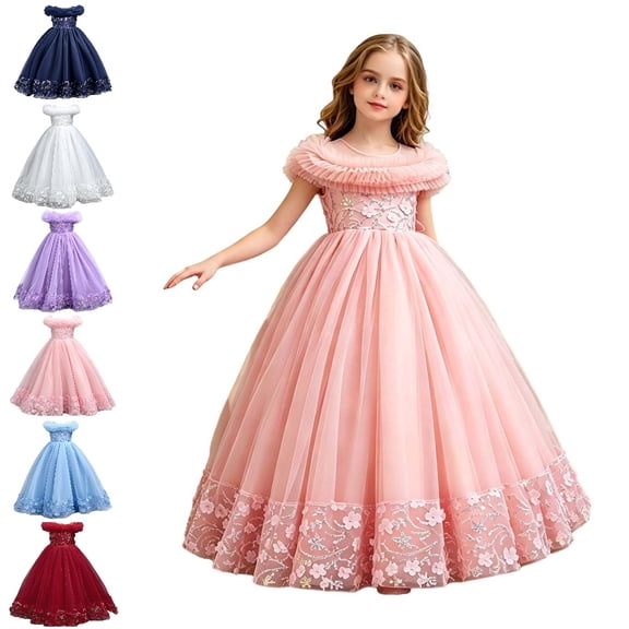 Bmisegm Girls Dress off Shoulder Draped Bodice Sleeveless Embroidered Floral Floor Length Tutu Skirt Hem Embroidery Formal Dresses for Girls 11-12 Years