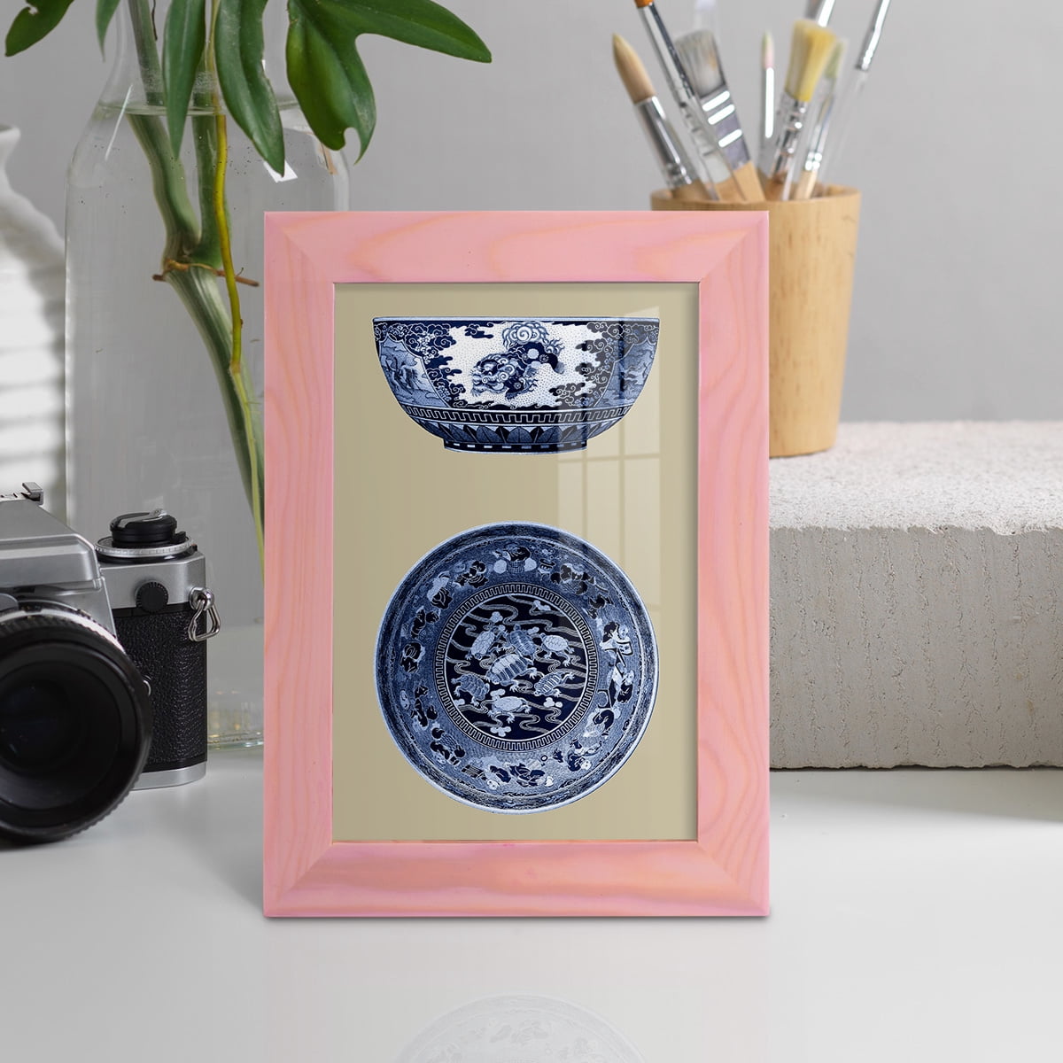 Porcelain in Blue and White I -Framed Print w/glass-Sunset Pink